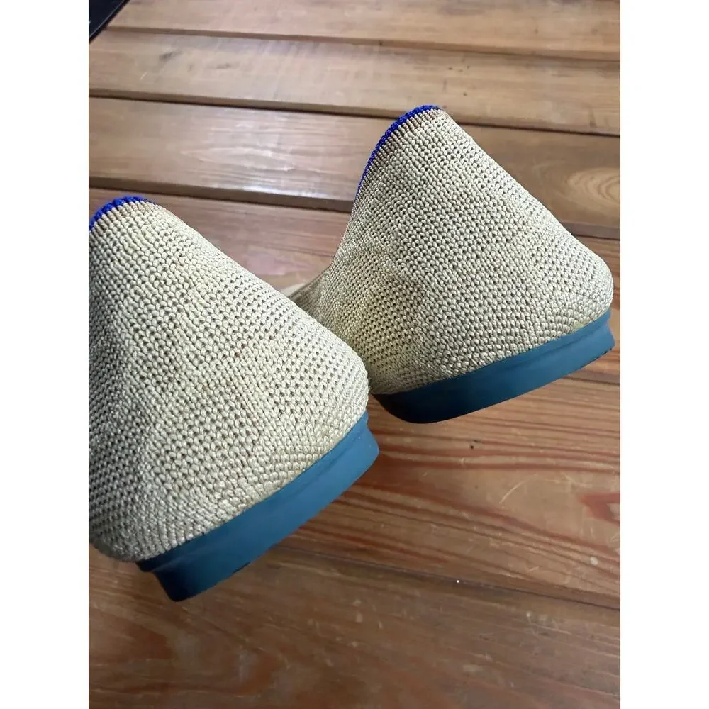 Rothy’s The Flat Beige Tan Knit Ballet Flats Blue Trim Women’s 9.5 Washable